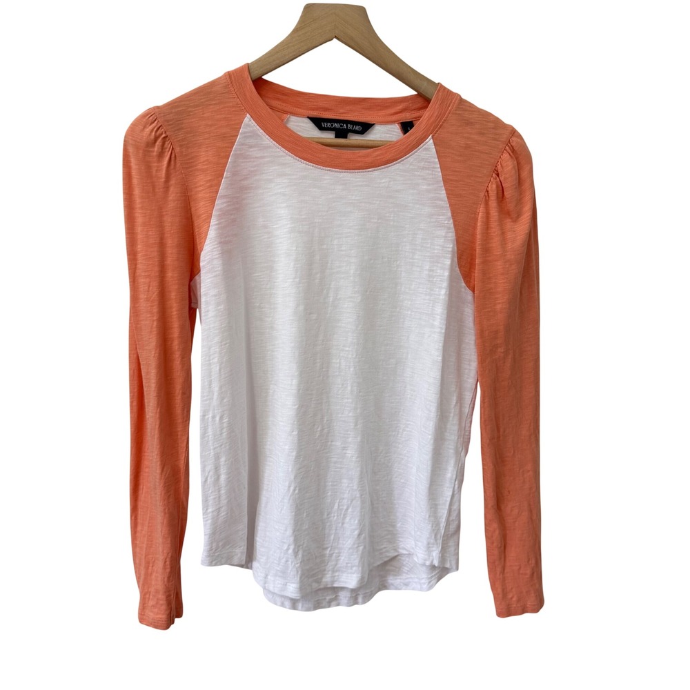 Veronica Beard Baseball Tee Size Small White Coral Puffed Shoulder Pima Cotton